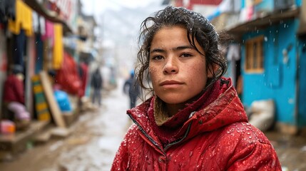 Sticker - Capture the vulnerability of a woman standing in the pouring rain, with droplets mixing with tears on her cheeks, conveying a sense of emotiona