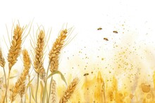Watercolor Wheat Ears And Bees On A White Background.