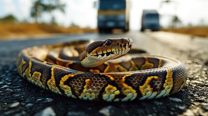 Close-up of a Boa Boidae python on a paved road with a blurry truck in the background.