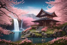 Fantasy House Under A Cherry Blossom Tree Beside The Waterfall, Photorealistic 3d Illustration