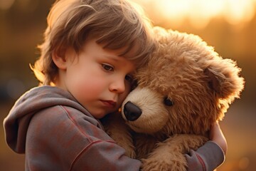 Wall Mural - Upset child, hugging a teddy bear. 