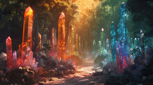 A Forest Where The Trees Are Crystal Structures, Shimmering With Rainbow Light. 