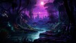 Vivid purple neon outline in a lush jungle oasis at night