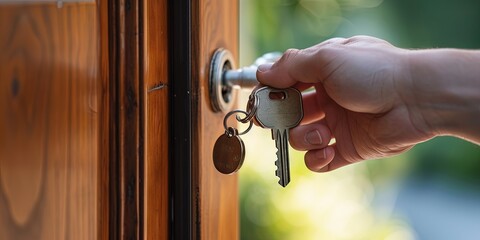 Putting a key in a door lock to unlock the door