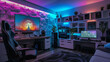 An elegant gaming room with a black and white color scheme, accented with pops of color from RGB components 