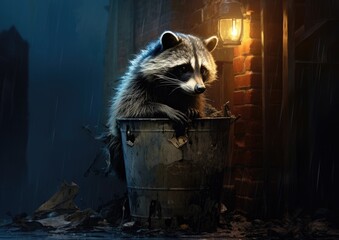 Poster - A raccoon sitting in a trash can in the rain. Generative AI.