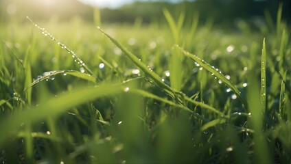 Wall Mural - Close-up of fresh thick grass with water drops in the early morning dew