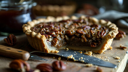 Poster - pecan pie closeup on black background