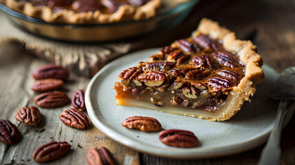 Poster - piece of pecan pie close up on black background