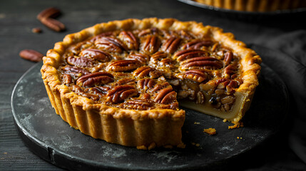 Poster - pecan pie closeup on black background