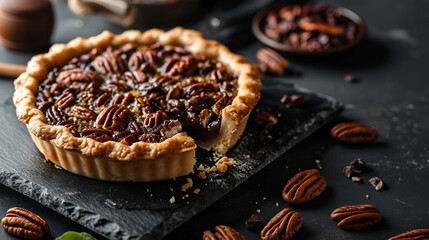 Poster - pecan pie closeup on black background with space for text