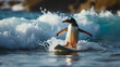 penguin surfing on a board in the ocean on a background with space for text
