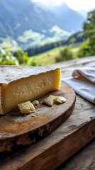 Poster - Gruyere cheese advertising banner, a piece of cheese on a wooden board with a beautiful mountain view