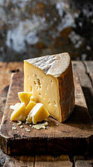 Poster - Emmentaler cheese with copy space close-up, on a wooden board on a dark background with space for text