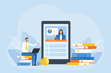Wall Mural - vector illustration design online education and e-learning at home. with people business team use te