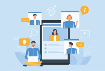 Aufkleber - business smart working with online video conference meeting concept with  business people team working from anywhere with internet wireless technology connection. flat vector illustration design 