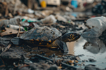 Wall Mural - Dirty turtle stands among garbage and plastic trash. Environmental pollution, toxic emissions into water, oil pollution