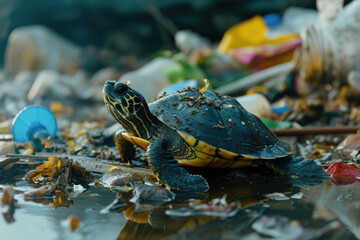 Wall Mural - Dirty turtle stands among garbage and plastic trash. Environmental pollution, toxic emissions into water, oil pollution