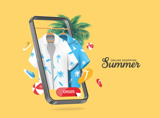 Wall Mural - Online shopping summer season, coconut tree pattern shirt or white and blue Hawaiian shirt hangs from a wooden rack in smartphone and a customer presses order button below, vector 3d isolated