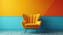 Pastel Multicolor Vibrant Groovy Retro Striped Background Wall Frame With Yellow Armchair.