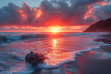 View of the beach and ocean with sunset in the background.