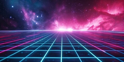 Wall Mural - Futuristic background with a glowing grid in the outer space . backdrop with blue perspective grid and sky full of stars. Synthwave background.