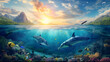Half under sea with sky, under sea with dolphins and coral, sky with mountains and falcon and clouds and sun.