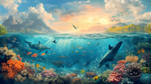 Half Image Under The Sea With Sky, Under The Sea With Dolphins And Sea Turtles And Corals, Sky With Mountains And Falcons And Clouds And Sun.