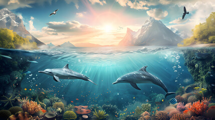 Wall Mural - Half under sea with sky, under sea with dolphins and coral, sky with mountains and falcon and clouds and sun.