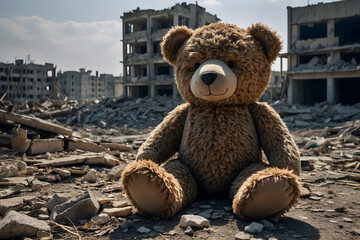 Wall Mural - A teddy bear with a destroyed city as a concept of cruelty of war