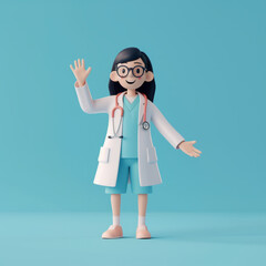 Wall Mural - 3D style cute cartoon character of a welcoming female doctor waving