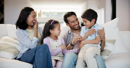 Canvas Print - Home, happy family and parents tickle kids, bonding and having fun together. Game, mother and father play with children on sofa in living room, funny and laughing for care in healthy relationship