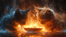 Cats Are Intimidating Each Other. Fight For Food In A Bowl. Abstract Color