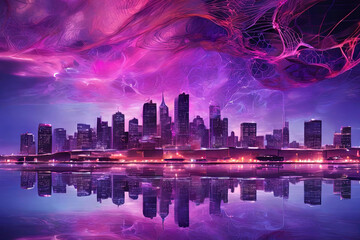 Illusionary night city: Vibrant purples, pinks, digital lines. A captivating blend of reality and fantasy. Explore the enchantment in this unique cityscape. 