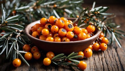 Poster - A bowl of yellow berries on a wooden table