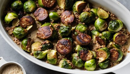 Sticker - A dish of cooked vegetables, including brussel sprouts, in a white bowl