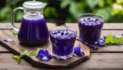 Poster - A wooden table with two glasses of blue liquid and a pitcher