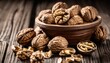 © vivekFx - A wooden table with a bowl of walnuts and some walnuts on the table