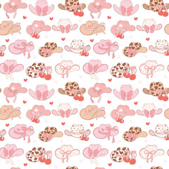 Wall Mural - Coquette Pink cowgirl hat pattern seamless, Girly Western Digital Paper isolated on white background.