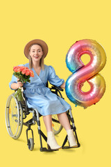 Sticker - Young woman in wheelchair with roses and balloon on yellow background. International Women's Day