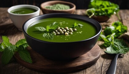 Poster - A bowl of soup with peas and mint on a wooden table