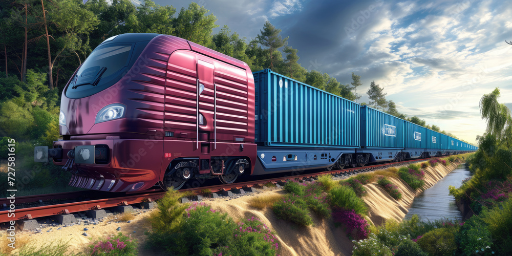 freight train rolling on the train tracks with cargo containers. An impactful representation of the efficient movement within the industrial and logistical landscape.