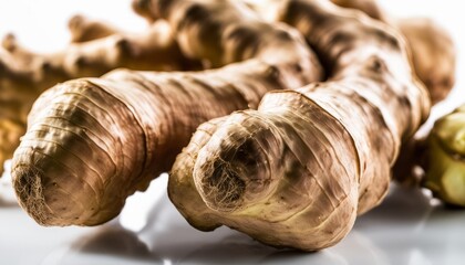 Poster - A group of ginger root slices on a white background