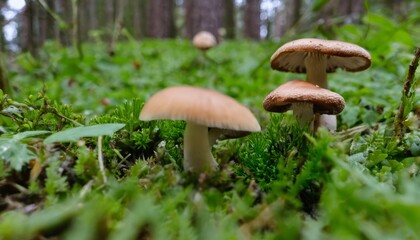 Canvas Print - Three mushrooms growing in the grass