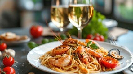 Wall Mural - Italian style seafood spaghetti with meat, fish, shrimp, seafood pasta made from spaghetti with seafood including cherry tomatoes on a white plate with a glass of wine.