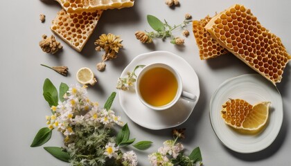 Wall Mural - A cup of tea with honey and flowers