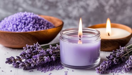  A purple candle and lavender flowers on a table