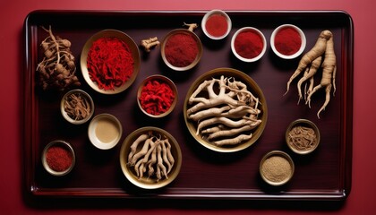 Wall Mural - A wooden tray with various bowls and cups of spices