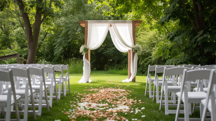 Wall Mural - empty garden aisle. beautiful outdoor ceremony area with chairs covered in white. modern engagement decoration.