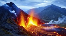 The Volcano's Explosive Eruption Sends A River Of Molten Lava Flowing Down Its Slopes, Leaving A Trail Of Destruction In Its Wake.
